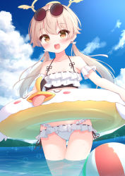 Rule 34 | 1girl, bad id, bad pixiv id, bikini, blue archive, blush, cloud, commentary request, eyewear on head, frilled bikini, frills, halo, hifumi (blue archive), hifumi (swimsuit) (blue archive), highres, innertube, isoroku (isrk), light brown hair, long hair, looking at viewer, low twintails, ocean, open mouth, sky, solo, summer, sunglasses, swim ring, swimsuit, twintails, white bikini, yellow eyes