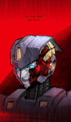 Rule 34 | 1girl, autobot, blue eyes, commentary, damaged, english commentary, english text, glowing, glowing eyes, looking down, mecha, nautica (transformers), purple lips, red background, robot, sad, solo, the transformers (idw), transformers, zoner