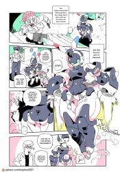 Rule 34 | ..., 1girl, 3boys, alley, alternate language, android, animal ears, arrest, beanie, breasts, comic, commentary, english commentary, english text, flying, full body, glasses, gun, hand on own hip, hand on own chin, handgun, hat, highres, holding, holding gun, holding weapon, humanoid robot, jacket, jetpack, joints, limited palette, medium breasts, multiple boys, original, outdoors, patreon username, plug, police, police badge, police hat, police uniform, policeman, policewoman, rabbit ears, rabbit girl, rabbit tail, robot, robot girl, robot joints, shepherd0821, short hair, sparkle, spoken ellipsis, stairs, tail, thick thighs, thighs, uniform, weapon, x x
