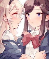Rule 34 | 2girls, black hairband, blonde hair, blue eyes, blush, bow, bowtie, brown hair, closed mouth, clothes grab, collared shirt, eye contact, face-to-face, grey jacket, hair between eyes, hair ornament, hairband, hand on another&#039;s arm, hand up, jacket, jacket grab, long hair, looking at another, multiple girls, off shoulder, open clothes, open jacket, parted bangs, profile, red bow, red bowtie, red eyes, saijou claudine, school uniform, seishou music academy uniform, shirt, shoujo kageki revue starlight, sidelocks, simple background, sketch, tendou maya, upper body, wato (ko), white background, white shirt, x hair ornament, yuri