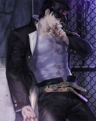 Rule 34 | 1boy, black hair, black jacket, black pants, blood, blood on clothes, blood on hands, blue eyes, chain, chain-link fence, cjjcha, cowboy shot, earrings, fence, gold chain, gold trim, hand to own mouth, hand up, hat, high collar, highres, jacket, jewelry, jojo no kimyou na bouken, kuujou joutarou, long sleeves, looking down, male focus, muscular, muscular male, pants, shirt, short hair, solo, stardust crusaders, white shirt