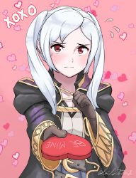 Rule 34 | 1girl, blush, cape, choclate, chocolate, dark persona, embarrassed, fire emblem, fire emblem awakening, fire emblem heroes, gloves, grima (fire emblem), grimmelsdathird, heart, highres, hood, long hair, looking at viewer, nintendo, red eyes, robe, robin (female) (fire emblem), robin (fire emblem), simple background, solo, twintails, valentine, white hair