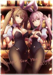 Rule 34 | 2023, 2girls, alcohol, alternate costume, animal ears, bar (place), between breasts, black leotard, black pantyhose, breasts, chinese zodiac, cleavage, collared shirt, counter, happy new year, harusame (kancolle), highres, kantai collection, large breasts, leotard, light brown hair, liquor, long hair, medium breasts, multiple girls, murasame (kancolle), necktie, necktie between breasts, new year, pantyhose, pink hair, playboy bunny, puffy sleeves, rabbit ears, rabbit tail, red eyes, red necktie, shelf, shirt, short sleeves, shrug (clothing), side ponytail, tail, twintails, white shirt, wrist cuffs, year of the rabbit, yellow eyes, yomitsuna