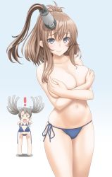 Rule 34 | 2girls, bikini, black bikini, blue background, blue bikini, blush, breast envy, breast hold, breasts, brown hair, closed mouth, covering breasts, covering privates, gradient background, green eyes, grey background, hair between eyes, highres, kantai collection, large breasts, long hair, looking at viewer, low twintails, multiple girls, open mouth, ponytail, saratoga (kancolle), smile, swimsuit, t2r, topless, twintails, zuikaku (kancolle)