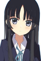 Rule 34 | 1girl, absurdres, akiyama mio, black hair, blazer, blue ribbon, blush, collared shirt, commentary request, expressionless, highres, jacket, k-on!, long hair, looking to the side, nbjdnhgfm, neck ribbon, parted bangs, purple eyes, revision, ribbon, sakugawa school uniform, school uniform, shirt, solo, upper body, winter uniform