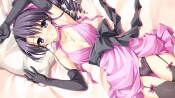 Rule 34 | 1girl, armpits, arms up, bare shoulders, bed, berry&#039;s, black hair, blue eyes, blush, breasts, cameltoe, cleavage, dress, drill hair, elbow gloves, game cg, garter belt, gloves, highres, long hair, looking at viewer, lying, morikubo yuna, nanao naru, panties, pillow, solo, thighhighs, underwear