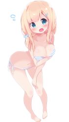 Rule 34 | 1girl, bad anatomy, bare legs, bikini, blonde hair, blue bikini, blue eyes, blush, breasts, chikuwa., cleavage, collarbone, d:, d:&lt;, flying sweatdrops, hair ornament, hairclip, hand on own thigh, highres, large breasts, leaning forward, long hair, looking at viewer, low ponytail, navel, open mouth, original, pigeon-toed, side-tie bikini bottom, side ponytail, simple background, solo, standing, striped bikini, striped clothes, swimsuit, tareme, thighs, untied bikini, v-shaped eyebrows, white background