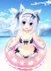 Rule 34 | 1girl, absurdres, animal ear fluff, animal ears, bare arms, bare shoulders, beach, bikini, black bikini, black bow, blue eyes, blue sky, blush, bow, bow bikini, breasts, cat ears, character request, cloud, collarbone, cowboy shot, dare ga yonda no!?, day, embarrassed, frilled bikini, frills, groin, hair between eyes, halterneck, highres, holding, holding swim ring, huge filesize, incredibly absurdres, innertube, leaning forward, long hair, looking at viewer, maid headdress, mountain, navel, novel illustration, ocean, official art, open mouth, outdoors, pink innertube, sidelocks, sky, small breasts, solo, stomach, swim ring, swimsuit, twintails, utsunomiya tsumire, white hair, wrist cuffs