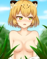Rule 34 | 10s, 1girl, animal ears, bad id, bad pixiv id, blonde hair, blurry, blurry background, blush, breasts, closed mouth, convenient censoring, day, highres, jaguar (kemono friends), jaguar ears, kemono friends, looking away, medium breasts, nude, open mouth, outdoors, shiraha maru, short hair, sky, solo, tears, upper body, yellow eyes