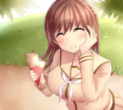 Rule 34 | 10s, 1girl, ^ ^, breasts, brown hair, closed eyes, commentary request, crepe, eating, food, food on face, grass, hand on own cheek, hand on own face, highres, holding, holding food, kantai collection, large breasts, long hair, neckerchief, neit ni sei, ooi (kancolle), park, path, remodel (kantai collection), road, school uniform, serafuku, smile, solo, tree