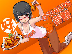 Rule 34 | 1girl, black hair, black pantyhose, blush, borrowed character, brand name imitation, breasts, character name, chicken (food), chicken wing, cleavage, clothes writing, employee uniform, food, glasses, headphones, highres, hooters, large breasts, pantyhose under shorts, looking at viewer, loose socks, nemi (tasoyani), one eye closed, open mouth, original, osamu yagi, pantyhose, pantyhose under shorts, plate, red eyes, shoes, short hair, short shorts, shorts, smile, sneakers, socks, solo, tank top, uniform
