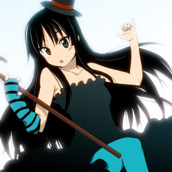 Rule 34 | 00s, 1girl, akiyama mio, asymmetrical clothes, black eyes, black hair, blue pantyhose, blunt bangs, cane, don&#039;t say &quot;lazy&quot;, fingerless gloves, gloves, hat, hime cut, ism, ism (inc), k-on!, long hair, mini hat, mini top hat, pantyhose, single glove, solo, striped clothes, striped gloves, top hat