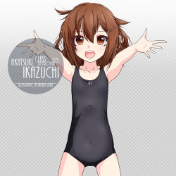 Rule 34 | 1girl, artist name, black one-piece swimsuit, brown eyes, brown hair, character name, checkered background, collarbone, commentary request, cowboy shot, eyes visible through hair, flat chest, gluteal fold, gradient background, hair between eyes, hair ornament, hairclip, ikazuchi (kancolle), inaba shiki, kantai collection, new school swimsuit, one-hour drawing challenge, one-piece swimsuit, open mouth, outstretched arms, round teeth, school swimsuit, short hair, simple background, solo, swimsuit, teeth, upper teeth only