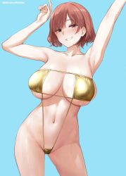 Rule 34 | 1girl, arm up, armpits, bikini, blue background, breasts, clenched teeth, collarbone, gold bikini, hand up, highres, large breasts, looking at viewer, mochi (mochi444420), navel, original, purple eyes, red hair, short hair, simple background, smile, solo, standing, swimsuit, teeth, twitter username