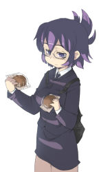 Rule 34 | 1girl, bread, breasts, expressionless, food, formal, glasses, large breasts, long sleeves, looking down, mamo williams, necktie, original, pencil skirt, purple hair, short hair, simple background, skirt, skirt suit, solo, suit, uniform