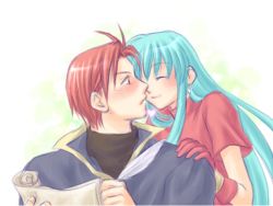 Rule 34 | aqua hair, blue hair, blush, bracelet, couple, earrings, eirika (fire emblem), closed eyes, feathers, fire emblem, fire emblem: the sacred stones, from behind, gloves, hand on shoulder, happy, heart, imminent kiss, jewelry, knight, long hair, looking back, nintendo, paper, princess, red eyes, red hair, seth (fire emblem), short hair, smile, surprised, writing
