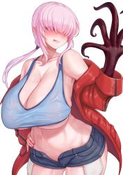 Rule 34 | 1girl, :p, areola slip, black sclera, blue shorts, breasts, collarbone, colored sclera, commission, cream cod, hand on own hip, highres, huge breasts, jacket, long hair, mole, mole on breast, navel, open fly, original, pink eyes, pink hair, red jacket, shorts, simple background, solo, tentacles, tongue, tongue out, unbuttoned, white background