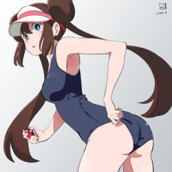 Rule 34 | 1girl, alternate costume, armpit peek, artist logo, ass, bare legs, blue eyes, blush, breasts, brown hair, commentary, cowboy shot, creatures (company), dated, double bun, game freak, grey background, hair between eyes, hair bun, hat, highres, holding, holding poke ball, long hair, looking at viewer, medium breasts, miyahara takuya, nintendo, open mouth, pink hat, poke ball, poke ball (basic), pokemon, pokemon bw2, rosa (pokemon), school swimsuit, simple background, sleeveless, solo, swimsuit, thighs, twintails, visor cap, white hat