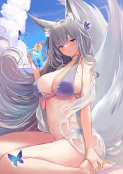 Rule 34 | 1girl, animal ear fluff, animal ears, azur lane, bare shoulders, bikini, blue eyes, blush, breasts, bug, butterfly, cleavage, fox ears, fox girl, hair ornament, insect, kitsune, kyuubi, large breasts, long hair, looking at viewer, multiple tails, off shoulder, schreibe shura, shinano (azur lane), solo, swimsuit, tail, very long hair