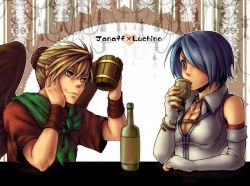 Rule 34 | 1boy, 1girl, bare shoulders, blonde hair, blue eyes, blue hair, bottle, bracelet, breasts, brown shirt, brown wings, chalice, character name, cleavage, commentary request, cup, dress, elbow gloves, feathered wings, fingerless gloves, fire emblem, fire emblem: radiant dawn, gloves, green neckerchief, grey eyes, hair between eyes, hair bun, hair over one eye, hand up, hands up, heart, holding, holding cup, janaff (fire emblem), jewelry, looking at another, lucia (fire emblem), medium breasts, mug, neckerchief, nintendo, pitarou3, shirt, short hair, short sleeves, single hair bun, sleeveless, sleeveless dress, smile, upper body, v-shaped eyebrows, white dress, white gloves, wing collar, wings, wristband
