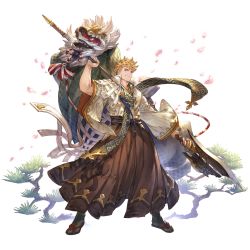 Rule 34 | 1boy, blonde hair, brown pants, closed mouth, falling petals, granblue fantasy, green eyes, hakama, hakama pants, halberd, haori, holding, holding polearm, holding weapon, japanese clothes, male focus, muscular, muscular male, official alternate costume, official art, pants, petals, polearm, short hair, smile, solo, transparent background, undercut, vane (granblue fantasy), vane (sunrise hakama) (granblue fantasy), weapon, wide sleeves