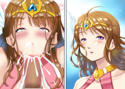 Rule 34 | 1girl, :&gt;=, ahegao, ahoge, bare shoulders, blue background, blush, brown hair, censored, cum, cum in mouth, cum in nose, ejaculation, embarrassed, excessive cum, feathers, fellatio, half-closed eyes, heart, heart-shaped pupils, highres, long hair, mosaic censoring, multiple views, nose, nostrils, ochiyo-san, open mouth, oral, orgasm, original, out of frame, penis, pov, princess, pubic hair, purple eyes, queen, simple background, smile, symbol-shaped pupils, tiara, upper body