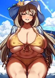 Rule 34 | 1girl, absurdres, bikini, blue archive, blush, breasts, cloud, cloudy sky, contrail, covered clitoris, covered erect nipples, curvy, flower, front-tie bikini top, front-tie top, green eyes, grin, hat, hat flower, highres, huge breasts, impossible clothes, impossible swimsuit, jacket, lens flare, light brown hair, long hair, narrowed eyes, navel, nikuatsu magician shinbo, nonomi (blue archive), open clothes, open jacket, side-tie bikini bottom, sky, smile, solo, stomach, sun hat, swimsuit, very long hair, wide hips, yellow bikini
