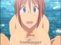 Rule 34 | 1boy, 1girl, animated, animated gif, blue eyes, breasts, censored, glasses, isshoni h shiyo, large breasts, lowres, nipples, paizuri, penis, red hair, subtitled, tagme, water
