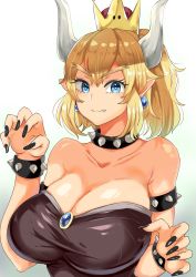 Rule 34 | 1girl, armlet, bare shoulders, black dress, blonde hair, blue eyes, bowsette, bracelet, breasts, claw pose, claws, collar, collarbone, dress, earrings, fang, fang out, gradient background, grey background, highres, jewelry, large breasts, mario (series), nail polish, new super mario bros. u deluxe, nintendo, sharp teeth, solo, spiked bracelet, spiked collar, spikes, strapless, strapless dress, super crown, teeth, turtle shell, upper body, yac (mokkori)