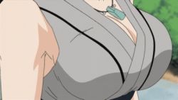 Rule 34 | 106 centimeters, 1girl, animated, animated gif, bare arms, bare shoulders, bouncing breasts, breast focus, breasts, cleavage, close-up, female focus, from above, head out of frame, huge breasts, jewelry, lowres, naruto, naruto (series), necklace, outdoors, pendant, sleeveless, solo, standing, tsunade (naruto), walking