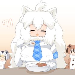Rule 34 | 3girls, ahoge, animal ear fluff, animal ears, blue necktie, bowl, breasts, brown background, brown eyes, brown hair, closed eyes, commentary request, curry, curry rice, eating, elbow gloves, eurasian eagle owl (kemono friends), fang, food, gloves, gradient hair, head wings, highres, holding, holding bowl, holding spoon, kemono friends, large breasts, lets0020, lion ears, lion girl, long hair, medium bangs, multicolored hair, multiple girls, necktie, northern white-faced owl (kemono friends), numbered, open mouth, plaid necktie, rice, short sleeves, skin fang, solo focus, spoon, upper body, very long hair, white gloves, white hair, white lion (kemono friends), wings, yellow eyes