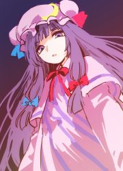 Rule 34 | 1girl, 74 (teduka), blue ribbon, bow, crescent, crescent hair ornament, from below, hair ornament, hat, long hair, looking at viewer, mob cap, parted lips, patchouli knowledge, purple eyes, purple hair, red ribbon, ribbon, sketch, solo, touhou