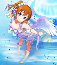 Rule 34 | 10s, 1girl, ankle lace-up, arm garter, barefoot, blue eyes, blurry, blush, bokeh, bow, bridal garter, brown hair, closed mouth, collarbone, cross-laced footwear, depth of field, feathered wings, flower, fountain, from above, full body, hair between eyes, hair bow, hair flower, hair ornament, hair ribbon, head tilt, headphones, headset, highres, kosaka honoka, lace, lace-trimmed shirt, lace trim, leaning forward, leg ribbon, legs apart, looking at viewer, love live!, love live! school idol festival, love live! school idol project, microphone, nanotsuki, petals, pom pom (clothes), ribbon, see-through, shirt, short hair, side ponytail, sleeveless, smile, solo, standing, striped, striped bow, wading, water, white bow, white ribbon, wings, wrist cuffs, x hair ornament, yellow ribbon