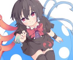 Rule 34 | 1girl, asymmetrical wings, black dress, black hair, black thighhighs, blue wings, blush, bow, bowtie, breasts, buttons, center frills, closed mouth, commentary, cowboy shot, cycloneyukari, dress, frilled dress, frills, hair between eyes, houjuu nue, looking at viewer, medium breasts, red bow, red bowtie, red eyes, red wings, short dress, short hair, short sleeves, sitting, smile, snake, solo, thighhighs, touhou, ufo, white background, wings, wristband