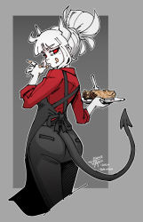 Rule 34 | 1girl, apron, artist name, back, black apron, black pants, black tail, breasts, collared shirt, dated, demon girl, demon horns, demon tail, licking finger, finger to mouth, food, food on face, food on hand, helltaker, highres, holding, holding food, holding plate, horns, licking, looking at viewer, looking back, lucifer (helltaker), medium hair, mole, mole under eye, monster girl, pale skin, pants, plate, red eyes, red shirt, shirt, short hair, simple background, sleeves rolled up, tail, white horns, za1f0n