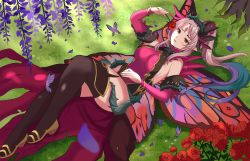 Rule 34 | 1girl, absurdres, bare shoulders, black thighhighs, breasts, bug, butterfly, butterfly wings, dappled sunlight, detached sleeves, facial mark, fairy wings, fire emblem, fire emblem heroes, flower, forehead mark, grass, hair ornament, highres, holding, holding flower, insect, insect wings, large breasts, leotard, long hair, looking at viewer, lying, marion (marionette ink), multicolored hair, nintendo, on back, petals, plant, plumeria (fire emblem), pointy ears, ponytail, red eyes, red flower, red rose, rose, sideboob, smile, solo, sunlight, thighhighs, thorns, vines, wings