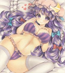 Rule 34 | 1girl, blush, bra, breasts, crescent, frilled bra, frilled panties, frills, hair ribbon, hat, heart, highres, large breasts, long hair, looking at viewer, lying, marker (medium), mob cap, mugicha (mugicha0929), navel, on back, panties, patchouli knowledge, purple bra, purple eyes, purple hair, purple panties, ribbon, solo, spread legs, striped bra, striped clothes, striped panties, thighhighs, touhou, traditional media, tress ribbon, underwear, underwear only, very long hair, white thighhighs
