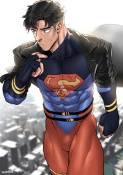 Rule 34 | 1boy, abs, bodysuit, city, dc comics, flying, highres, jacket, looking to the side, male focus, muscular, muscular arms, muscular legs, muscular male, pectorals, solo, superboy, uniform, worried