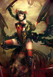 Rule 34 | 1girl, bad id, bad pixiv id, black hair, blood, claws, dragon, dragon girl, dragon tail, dragon wings, facial mark, hairband, horns, monster girl, original, red eyes, red thighhighs, short hair, shouin, skirt, skull, solo, sword, tail, thighhighs, weapon, wings