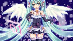 Rule 34 | 1girl, aqua eyes, aqua hair, detached sleeves, dress, flower, hatsune miku, highres, long hair, open mouth, solo, thighhighs, twintails, very long hair, vocaloid, wallpaper, wings, yayoi (egoistic realism)