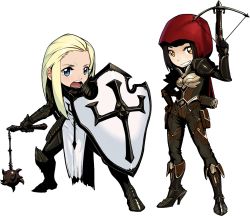 Rule 34 | 2girls, :o, agemmata, arm up, armor, bad id, bad pixiv id, black hair, blonde hair, blue eyes, bodysuit, boots, bow (weapon), breastplate, buckle, cross, crossbow, crusader (diablo 3), demon hunter, diablo (series), diablo 3, fantasy, faulds, fighting stance, fishnets, flail, full body, gauntlets, gloves, greaves, grin, hand on own hip, harness, high heel boots, high heels, holding, hood, legs apart, long hair, looking afar, looking at viewer, multiple girls, open mouth, orange eyes, pauldrons, pouch, sheath, sheathed, shield, short hair, shoulder armor, shouting, sidelocks, smile, standing, tabard, thigh pouch, transparent background, vambraces, weapon, white background, wide stance