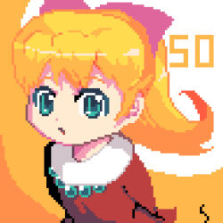 Rule 34 | 1girl, arms behind back, blonde hair, blue eyes, chargeman ken!, dress, izumi caron, jewelry, lowres, necklace, pearl necklace, perorinsr, pixel art, ponytail, red dress, red ribbon, ribbon, simple background, solo