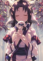 Rule 34 | 1girl, animal ears, black hair, dog ears, eruruu, closed eyes, flower, forest, hair ornament, japanese clothes, kano hito, layered sleeves, long hair, nature, smile, solo, traditional clothes, utawarerumono