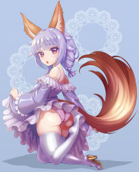 Rule 34 | 1girl, acokmcy, animal ears, ass, braid, clothes lift, dog ears, dress, dress lift, elin, from behind, high heels, highres, kneeling, kumehara chiyota, leg lift, long hair, long tail, looking back, open mouth, panties, purple eyes, purple hair, purple panties, shoes, single shoe, solo, tail, tera online, thighhighs, twin braids, twintails, underwear, white thighhighs