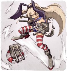 Rule 34 | 10s, 1girl, :3, blonde hair, blush stickers, brown eyes, elbow gloves, gloves, hairband, kantai collection, lifebuoy, long hair, personification, rensouhou-chan, shimakaze (kancolle), sketch, skirt, solo, striped clothes, striped thighhighs, swim ring, thighhighs, white gloves, zeke (analogmon)