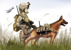 Rule 34 | 1girl, absurdres, aircraft, ammunition pouch, assault rifle, backpack, bag, blonde hair, body armor, bulletproof vest, call of duty, call of duty: ghosts, call of duty:ghosts, camouflage, canteen, digital camouflage, dog, erica (naze1940), german shepherd, glasses, grass, gun, headset, helicopter, helmet, highres, kneeling, load bearing vest, m4 carbine, military, military uniform, misleading thumbnail, on one knee, original, pouch, profile, radio, radio antenna, rifle, riley (ghosts), short hair, soldier, solo, uniform, united states marine corps, weapon, yellow eyes