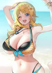 Rule 34 | 1girl, ;d, ahoge, armpits, arms up, beach, bikini, blonde hair, blue eyes, bracelet, breasts, check commentary, commentary request, flower, hachimiya meguru, hair flower, hair ornament, highres, huge breasts, idolmaster, idolmaster shiny colors, jewelry, layered bikini, long hair, looking at viewer, multicolored bikini, multicolored clothes, navel, necklace, ocean, one eye closed, open mouth, outdoors, smile, solo, standing, standing on one leg, sweat, swimsuit, xiujia yihuizi