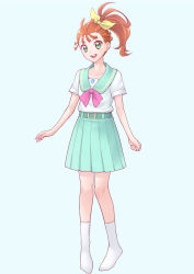 Rule 34 | 1girl, :d, aozora middle school uniform, blue background, brown hair, collarbone, full body, green eyes, green sailor collar, green skirt, hair ribbon, highres, natsuumi manatsu, no shoes, ogry ching, open mouth, pleated skirt, precure, ribbon, round teeth, sailor collar, school uniform, serafuku, shirt, side ponytail, simple background, skirt, smile, socks, solo, standing, teeth, tropical-rouge! precure, upper teeth only, white shirt, white socks, yellow ribbon