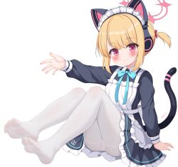 Rule 34 | 1girl, absurdres, animal ear headphones, animal ears, apron, ass, black dress, blonde hair, blue archive, blush, cat tail, closed mouth, dress, fake animal ears, frilled dress, frills, full body, gugu0v0, headphones, highres, long sleeves, maid apron, momoi (blue archive), momoi (maid) (blue archive), no shoes, official alternate costume, panties, panties under pantyhose, pantyhose, red eyes, short hair, simple background, smile, solo, tail, toes, underwear, white apron, white background, white panties