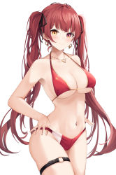 Rule 34 | 1girl, absurdres, bikini, blush, closed mouth, cowboy shot, earrings, hair ribbon, halterneck, heart, heart earrings, heart necklace, heterochromia, highres, hololive, houshou marine, houshou marine (summer), jewelry, lancheu, long hair, looking at viewer, navel, necklace, o-ring, o-ring thigh strap, red bikini, red eyes, red hair, red ribbon, ribbon, simple background, solo, standing, stomach, string bikini, swimsuit, thigh strap, very long hair, virtual youtuber, white background, yellow eyes